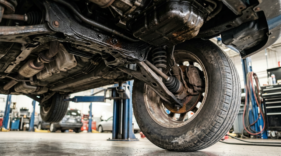 Rendered image of a 1999-2011 Subaru Outback with oil drips under the engine